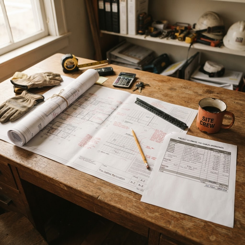 A contractor's desk with blueprints and a printed cost estimate